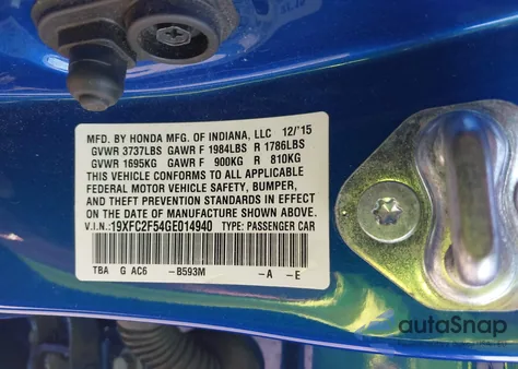 2016 Honda Civic Lx из США, поврежденный, VIN 19XFC2F54GE014940